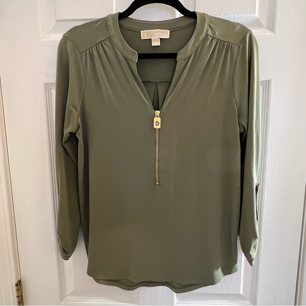 (3 for $20) MICHAEL Michael Kors Plive Green Medium Blouse with Gold Details
